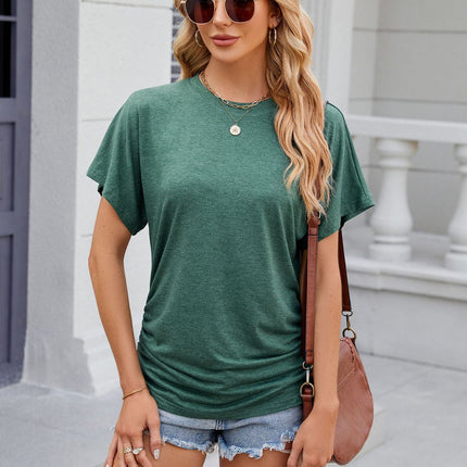 Women's Crew Neck T Shirt Blouse Short Sleeve Casual Loose Pleated Tops