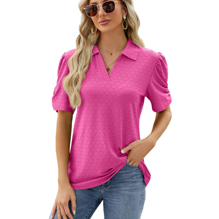 Women's Puff Short Sleeve Polo Shirts V Neck Casual Collared Tops Tunic Blouses