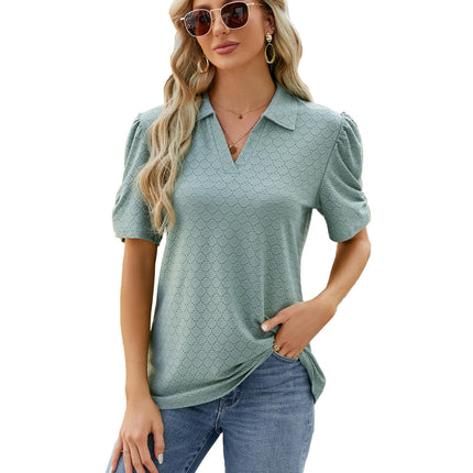 Women's Puff Short Sleeve Polo Shirts V Neck Casual Collared Tops Tunic Blouses