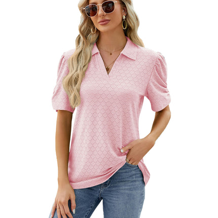 Women's Puff Short Sleeve Polo Shirts V Neck Casual Collared Tops Tunic Blouses