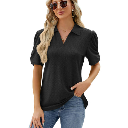 Women's Puff Short Sleeve Polo Shirts V Neck Casual Collared Tops Tunic Blouses