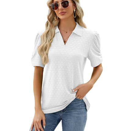 Women's Puff Short Sleeve Polo Shirts V Neck Casual Collared Tops Tunic Blouses