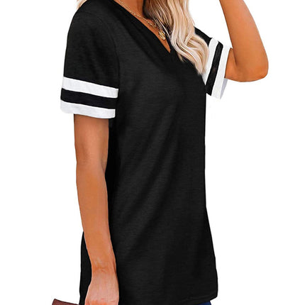 Women's Summer Tops V Neck Short Sleeve Shirts Color Block Tshirt Loose Tunic Tees