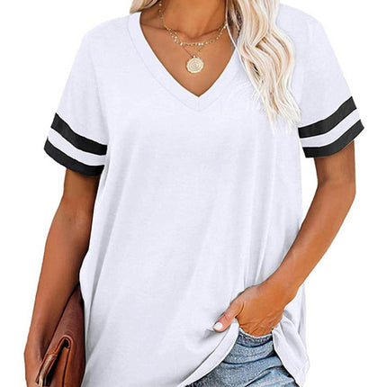 Women's Summer Tops V Neck Short Sleeve Shirts Color Block Tshirt Loose Tunic Tees