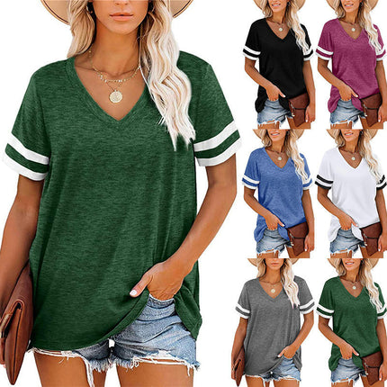 Women's Summer Tops V Neck Short Sleeve Shirts Color Block Tshirt Loose Tunic Tees