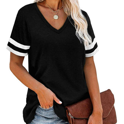 Women's Summer Tops V Neck Short Sleeve Shirts Color Block Tshirt Loose Tunic Tees