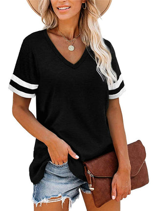 Women's Summer Tops V Neck Short Sleeve Shirts Color Block Tshirt Loose Tunic Tees