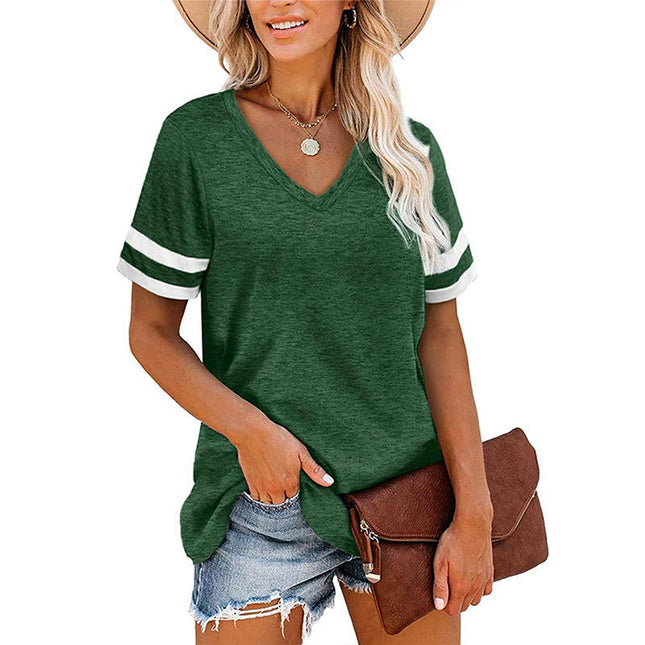 Women's Summer Tops V Neck Short Sleeve Shirts Color Block Tshirt Loose Tunic Tees