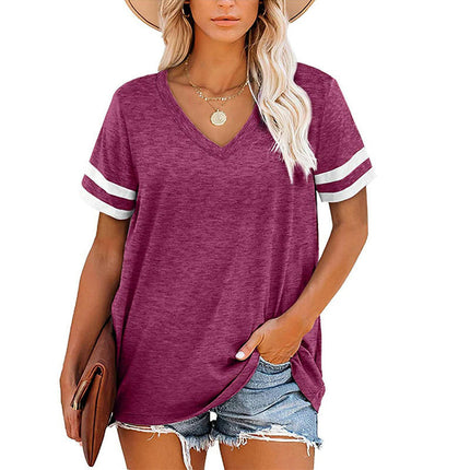 Women's Summer Tops V Neck Short Sleeve Shirts Color Block Tshirt Loose Tunic Tees