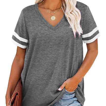 Women's Summer Tops V Neck Short Sleeve Shirts Color Block Tshirt Loose Tunic Tees