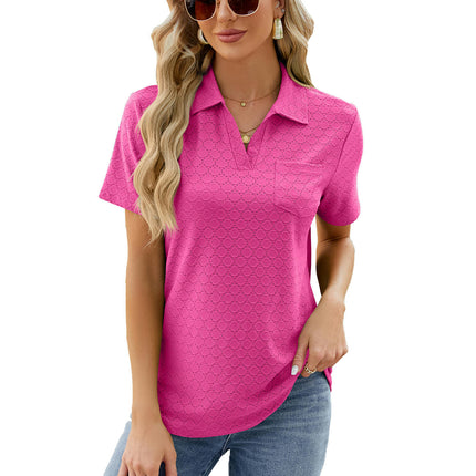 Women's V Neck Shirts Short Sleeve Collared Tops Loose Tunic Blouses with Pocket