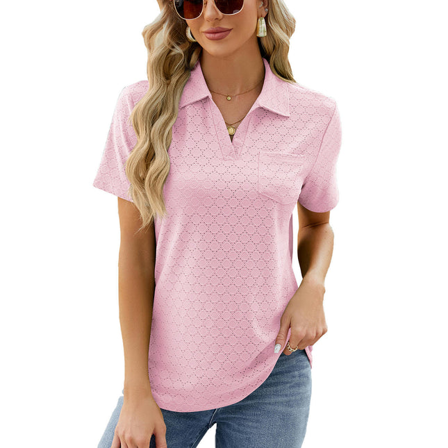 Women's V Neck Shirts Short Sleeve Collared Tops Loose Tunic Blouses with Pocket