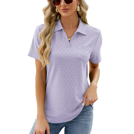 Women's V Neck Shirts Short Sleeve Collared Tops Loose Tunic Blouses with Pocket