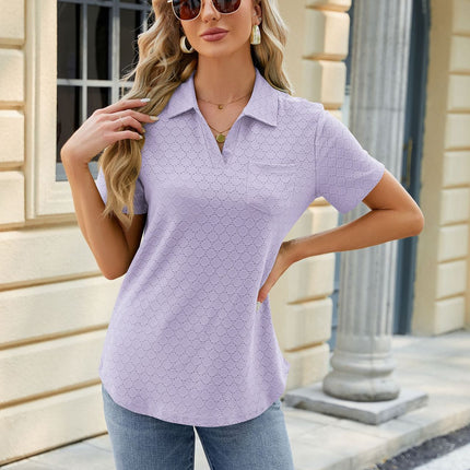 Women's V Neck Shirts Short Sleeve Collared Tops Loose Tunic Blouses with Pocket