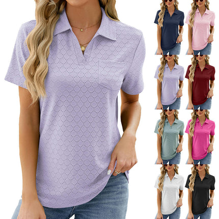 Women's V Neck Shirts Short Sleeve Collared Tops Loose Tunic Blouses with Pocket