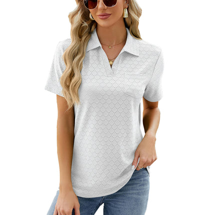 Women's V Neck Shirts Short Sleeve Collared Tops Loose Tunic Blouses with Pocket