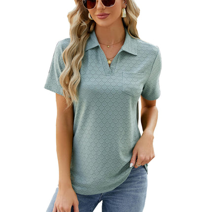 Women's V Neck Shirts Short Sleeve Collared Tops Loose Tunic Blouses with Pocket