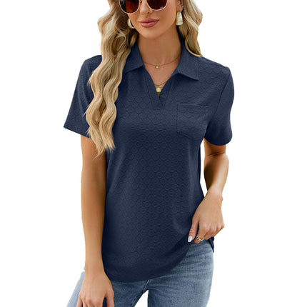 Women's V Neck Shirts Short Sleeve Collared Tops Loose Tunic Blouses with Pocket