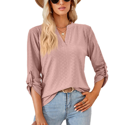 Women's Roll Up 3/4 Sleeve V Neck Tunic Blouses Tops Shirts