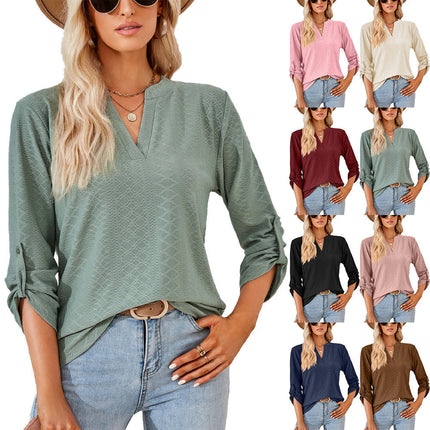 Women's Roll Up 3/4 Sleeve V Neck Tunic Blouses Tops Shirts