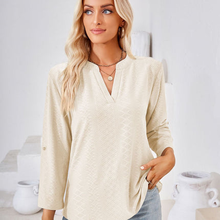 Women's Roll Up 3/4 Sleeve V Neck Tunic Blouses Tops Shirts