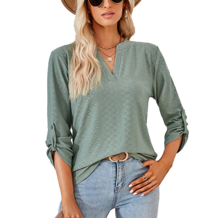 Women's Roll Up 3/4 Sleeve V Neck Tunic Blouses Tops Shirts