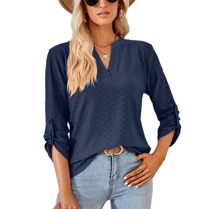 Women's Roll Up 3/4 Sleeve V Neck Tunic Blouses Tops Shirts