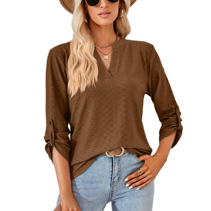 Women's Roll Up 3/4 Sleeve V Neck Tunic Blouses Tops Shirts