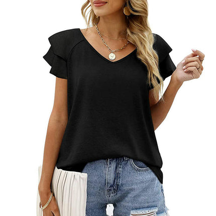 Women's Casual V Neck Blouse Ruffled Short Sleeve Shirt Tops