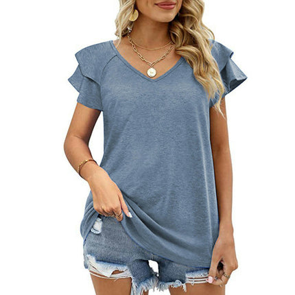 Women's Casual V Neck Blouse Ruffled Short Sleeve Shirt Tops