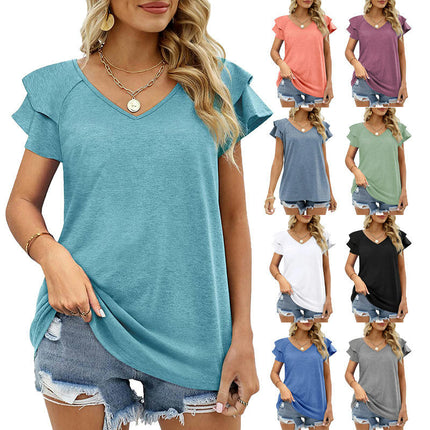 Women's Casual V Neck Blouse Ruffled Short Sleeve Shirt Tops