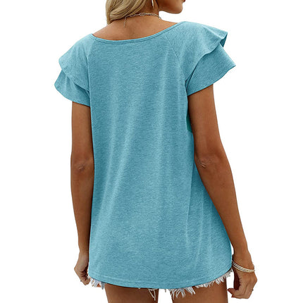 Women's Casual V Neck Blouse Ruffled Short Sleeve Shirt Tops