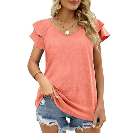 Women's Casual V Neck Blouse Ruffled Short Sleeve Shirt Tops