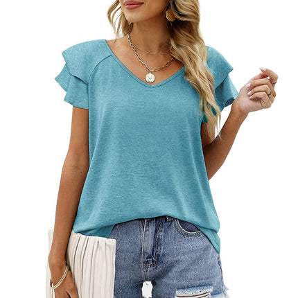 Women's Casual V Neck Blouse Ruffled Short Sleeve Shirt Tops