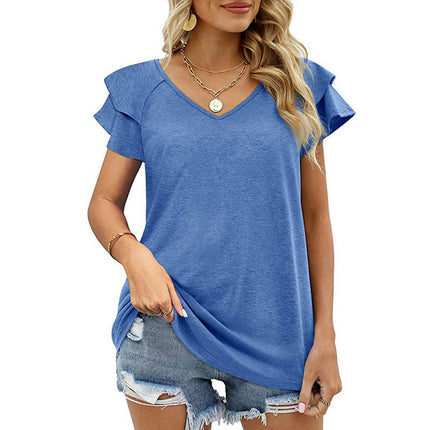 Women's Casual V Neck Blouse Ruffled Short Sleeve Shirt Tops