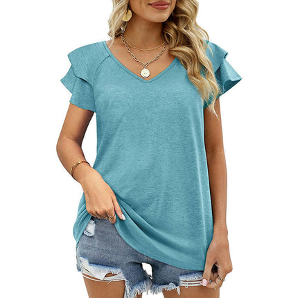 Women's Casual V Neck Blouse Ruffled Short Sleeve Shirt Tops