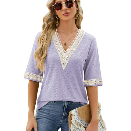 Women's Casual Short Sleeve Shirts Lace V Neck Tops Hollow Blouses T Shirts