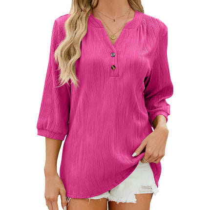 Women's Shirts Casual V Neck 3/4 Sleeve Button up Loose Tunic Tops Blouses