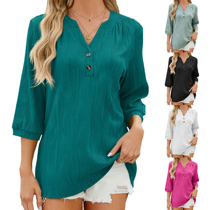 Women's Shirts Casual V Neck 3/4 Sleeve Button up Loose Tunic Tops Blouses