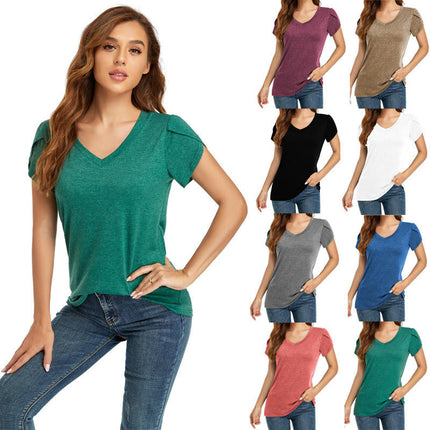 Women's Tops V Neck Summer Petal Short Sleeve Casual Tshirts