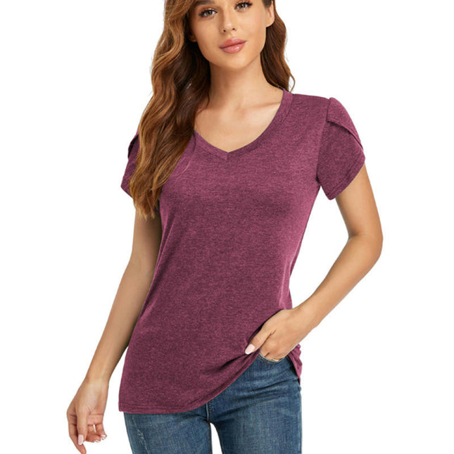 Women's Tops V Neck Summer Petal Short Sleeve Casual Tshirts