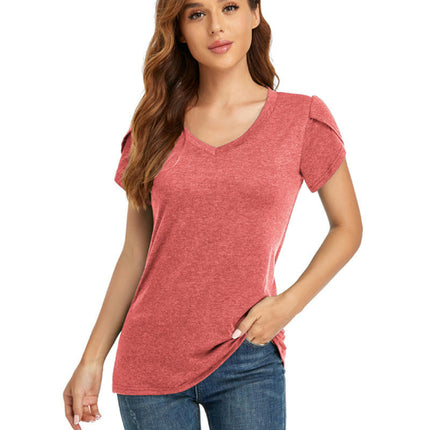 Women's Tops V Neck Summer Petal Short Sleeve Casual Tshirts