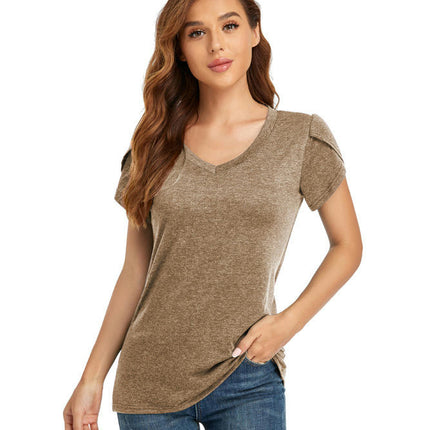 Women's Tops V Neck Summer Petal Short Sleeve Casual Tshirts