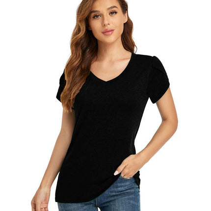 Women's Tops V Neck Summer Petal Short Sleeve Casual Tshirts