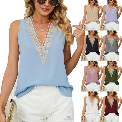 Women's Casual Summer Chiffon Tank Top Sleeveless Lace V Neck Vest T-Shirt Tops