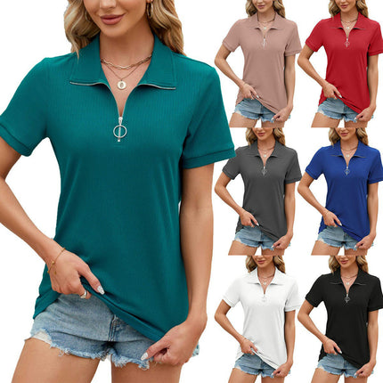 Women's Short Sleeve Tops Zippered Collared Casual Tops Loose Tunic Shirt