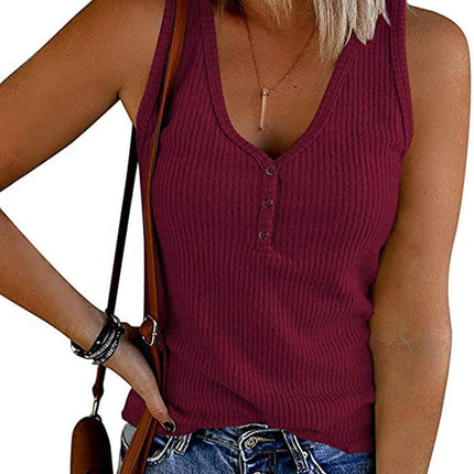 Women's Sleeveless Tank Tops Ribbed V Neck Button Down T Shirts Summer Slim Fit Tops