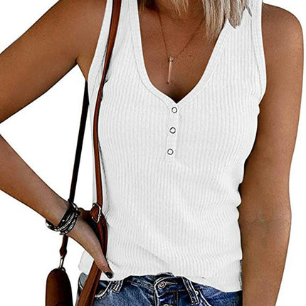 Women's Sleeveless Tank Tops Ribbed V Neck Button Down T Shirts Summer Slim Fit Tops