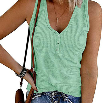 Women's Sleeveless Tank Tops Ribbed V Neck Button Down T Shirts Summer Slim Fit Tops