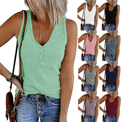 Women's Sleeveless Tank Tops Ribbed V Neck Button Down T Shirts Summer Slim Fit Tops